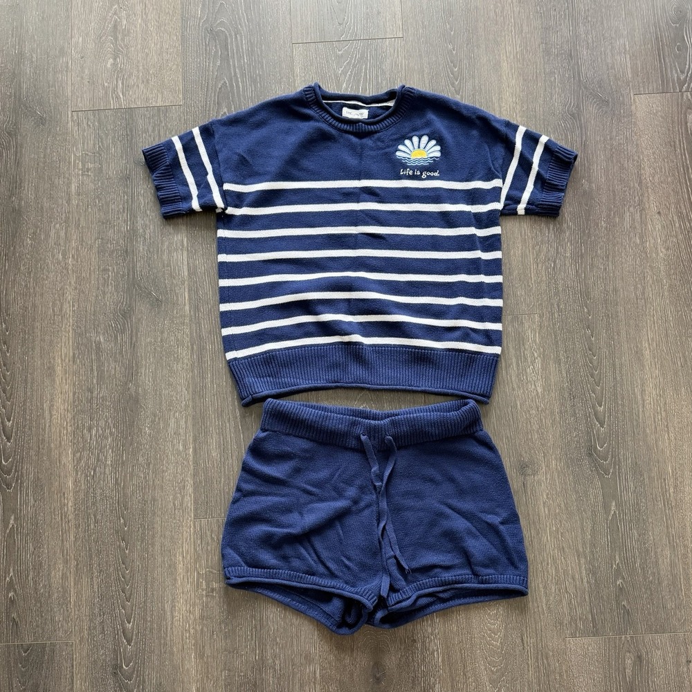Life Is Good Knit Sweater Short Set Small Striped Cozy Nautical Preppy Coastal